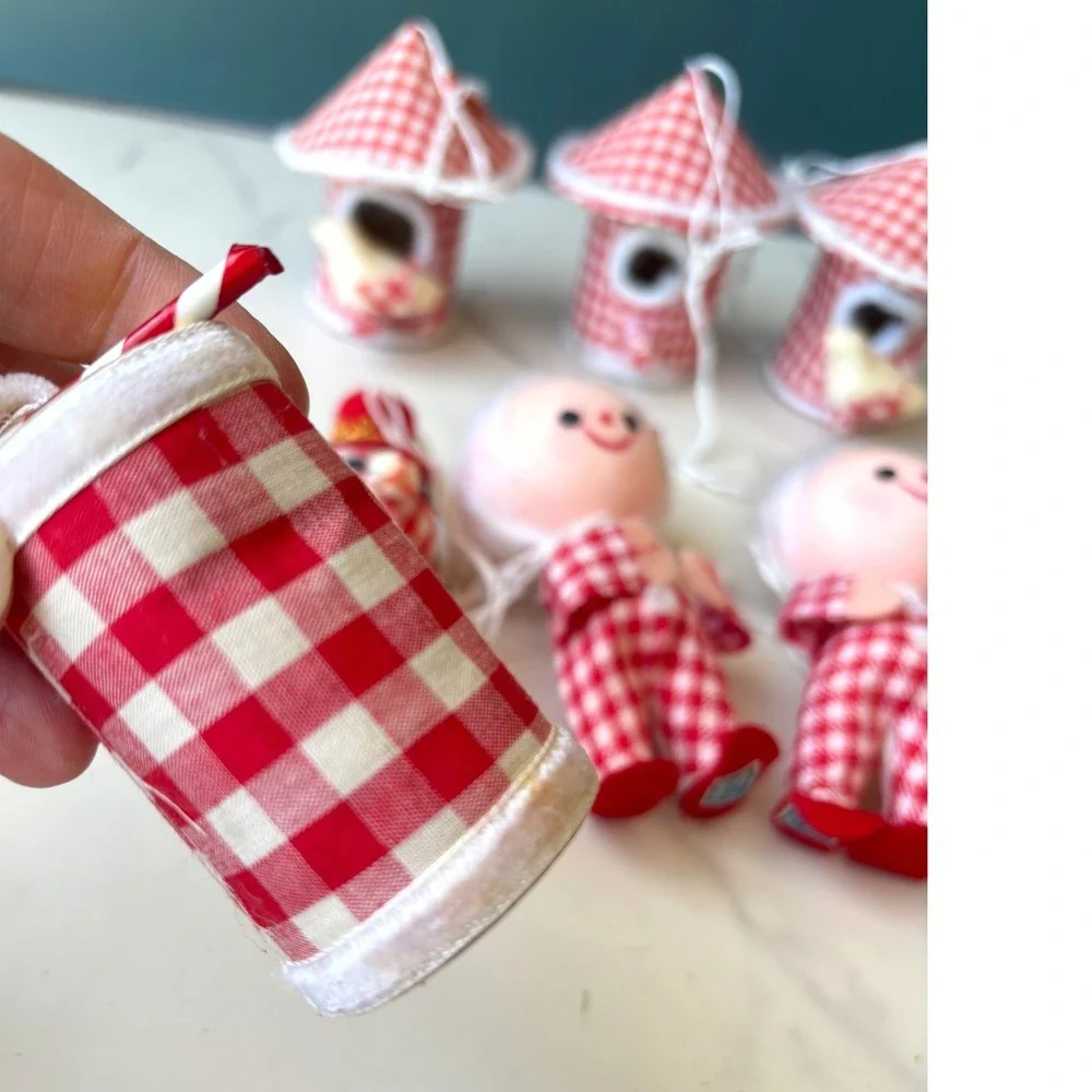 Vintage Red Gingham Christmas Ornaments Set 9pc Spun Cotton Made in Japan Retro